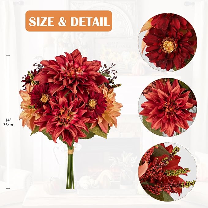 Briful Fall Flowers Artificial Bouquet for Decoration, Fake Silk Flowers Arrangements with Dahlia & Mums Mixed Autumn Floral Stems for Home Room Fall Table Centerpiece Wedding Party Decor(Burgundy)