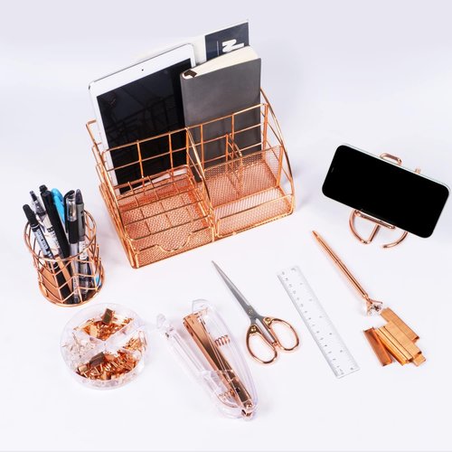 KAAKOW Rose Gold Desk Organizer Set - Stylish Office Supplies with Stapler, Pen Holder & More