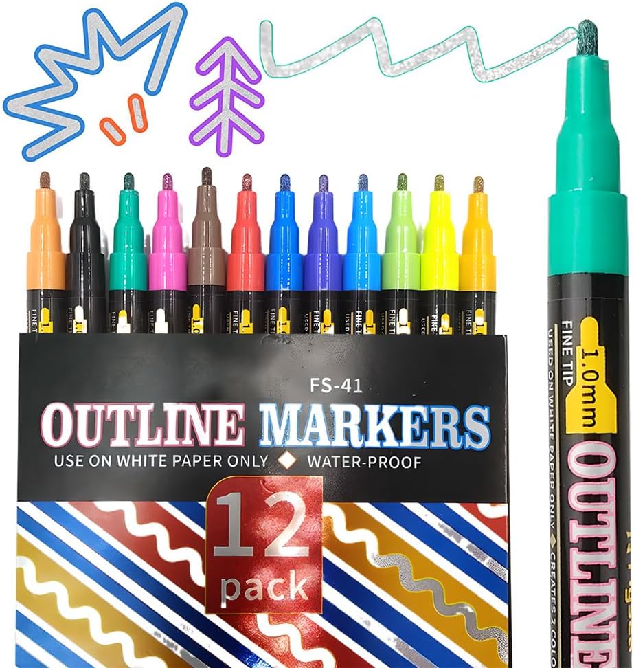 Skiennix Dual-Line Highlighter Marker Set - 12 Metallic Paint Markers for Black Paper & Scrapbooking
