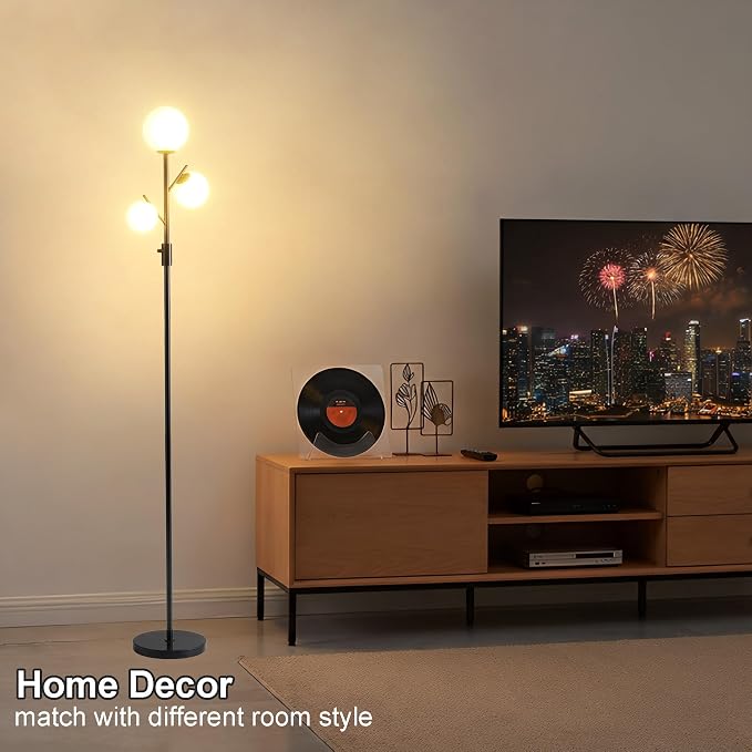 Fiqevs Mid Century Modern 3 Globe Tree Floor Lamp - Dimmable LED Standing Lamp with Bulbs, Warm Light for Living Room Bedroom Office - Black
