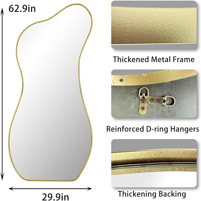Large Irregular Wall Mirror, 63"x30" Asymmetrical Aesthetic Floor Mirror with Gold Metal Frame, Modern Organic Shaped Mirrors for Living Room Bedroom Hallway Entryway, Hanging or Leaning