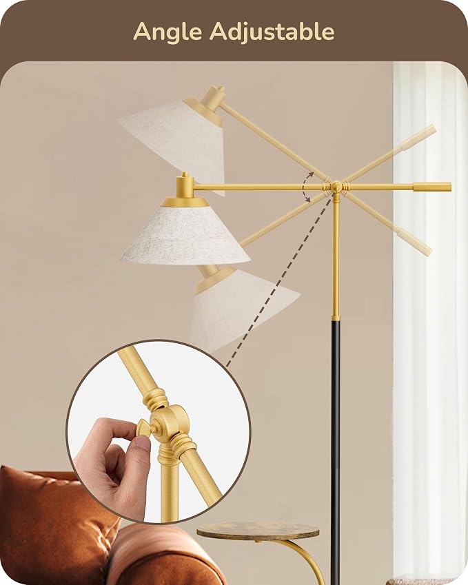 EDISHINE 68" Arc Floor Lamp with Table, Vintage Standing Lamp for Living Room with Tray, Height Adjustable, 5 Color Temperatures LED Bulb Included, Beige Shade, for Bedroom Office, Wood Grain