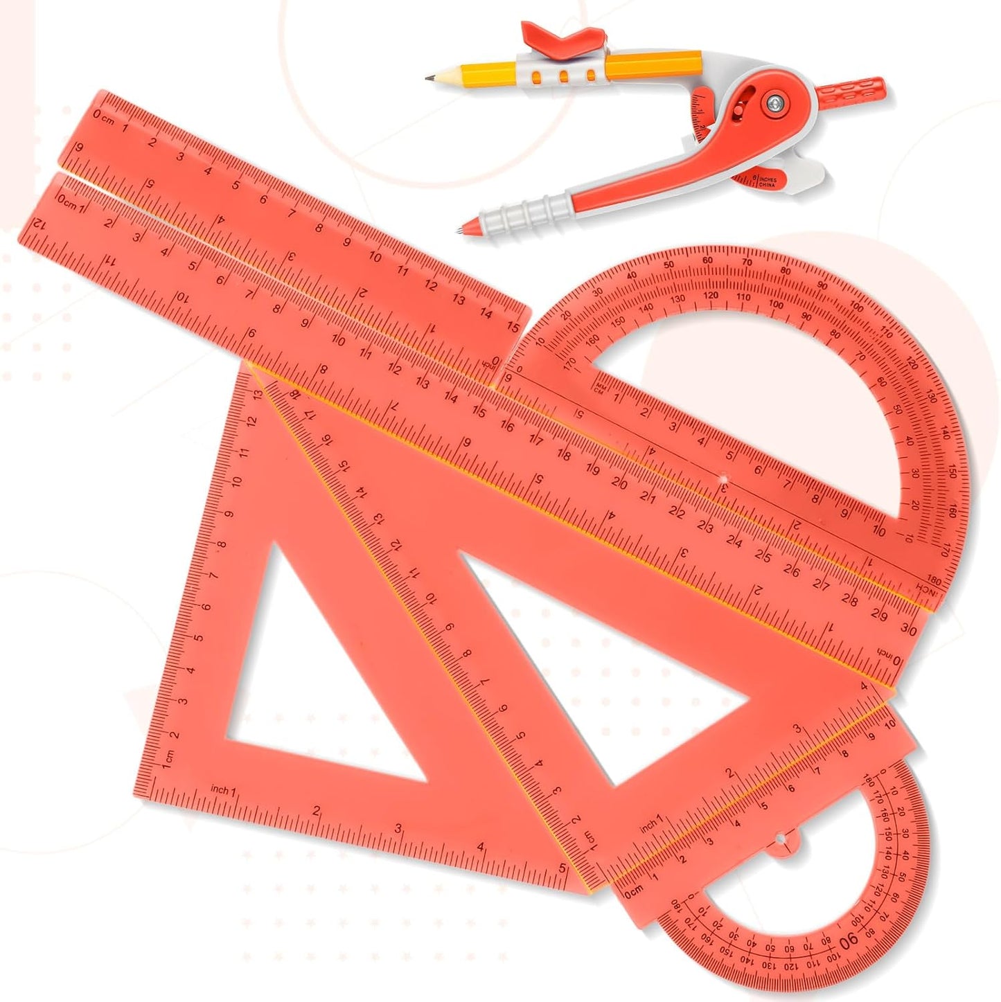 Zonon Geometry Math Set - 7-Piece Plastic Kit with Protractor, Compass & Rulers | Orange