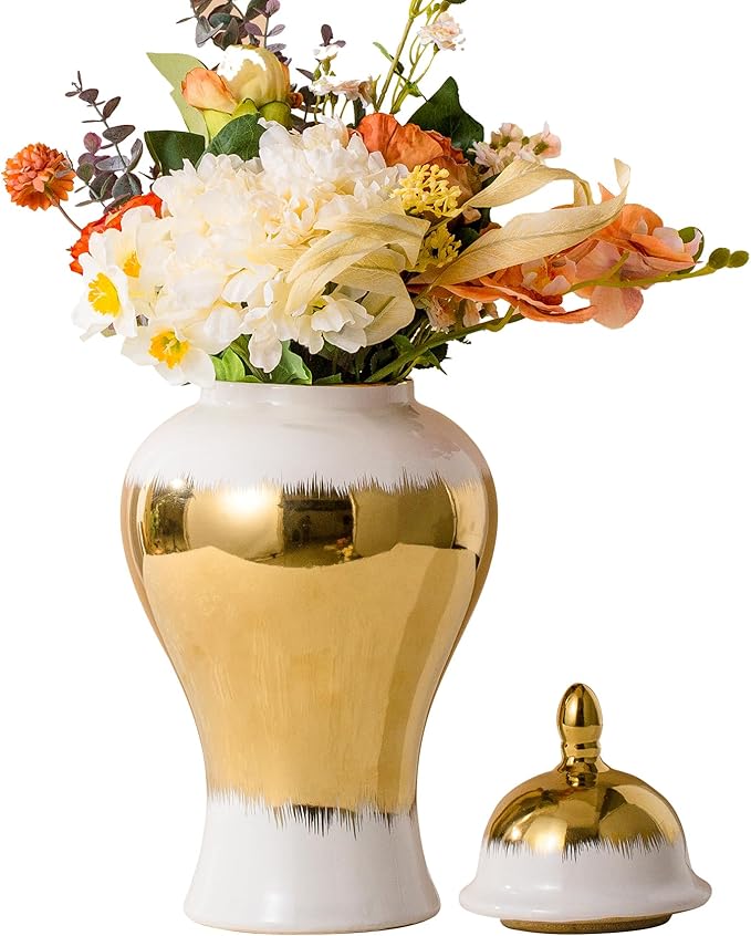 Ginger Jar, White Ceramic Ginger Jar Vase with Gold Trim, White and Gold Vase for Decor Kitchen, Bookshelf Decor, Storage jar, Table Center Large Vase, Temple Jar(18in