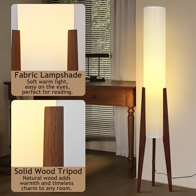 Wabi-sabi 50" Wooden Tripod Floor Lamp Linen Floor Lamp Paper Lantern Inspired Fabric Standing Lamp With E26 3-Color Temperatures Solid Wood Tall Light For Living Room Bedroom (Includes Bulb)