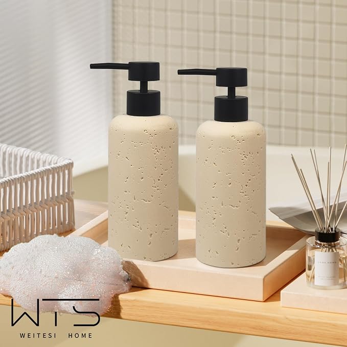 2 PCS Resin Soap Dispensers 11oz, Refillable Luxurious Hand Dish Lotion Shampoo Soap Dispenser Jar with Rust Proof Pump 340ml, Travertine Soap Pump Bottle for Kitchen Bathroom Countertop (Cream)