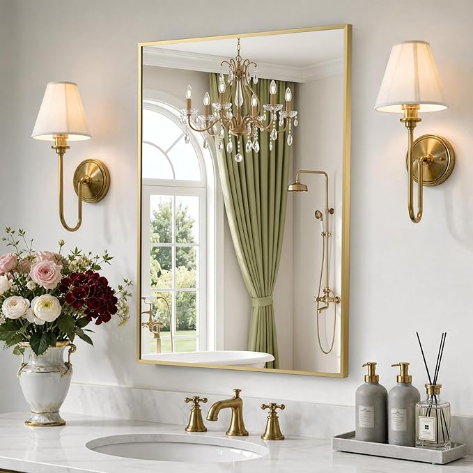 Gold Bathroom Mirror, 22"x30" Rectangle Mirror, Brushed Gold Mirror, Metal Frame Square Corner Vanity Mirror, Wall Mounted Mirror for Modern, Living Room, Bedroom, Horizontal Or Vertical