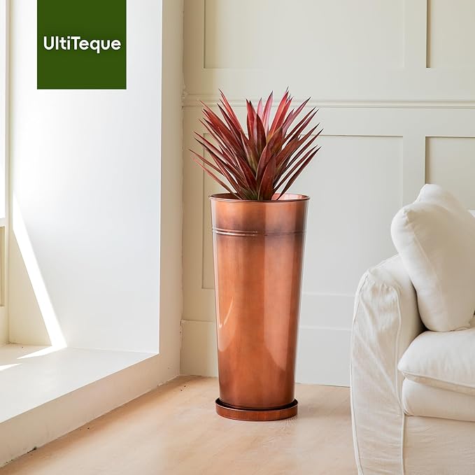 28in Tall Copper Planters Set of 2,Galvanized Steel Tall Outdoor Planter for Indoor/porches- Copper Color(2planters,2inner pots with Holes,2trays)