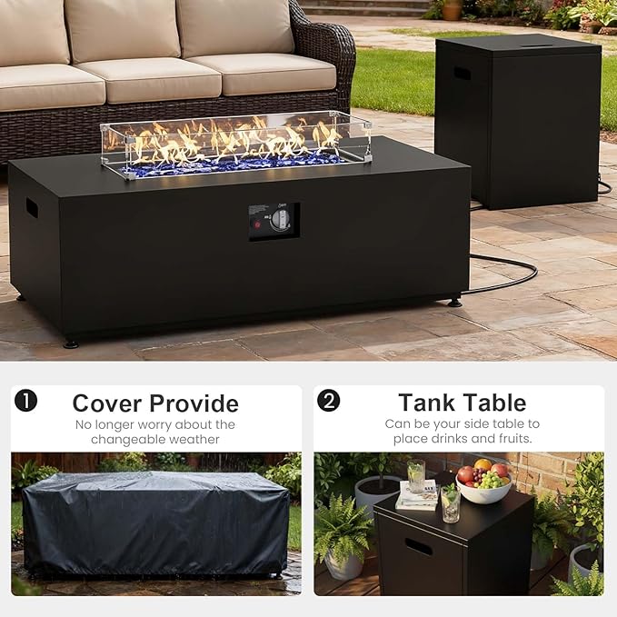 Aeeiua 42" Propane Fire Pit Table Set with Tank Holder, Rectangle 2-Piece Outdoor Firepit Wind Guard, Lid, Glass Stones and Cover