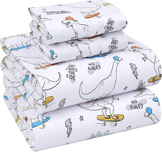 RUVANTI 100% Cotton Sheets Queen Size Set, 4 Pieces, Soft & Breathable Percale Weave Bedding, Deep Pocket 16", Hotel Standard, Crisp Cool Feeling, Durable, Perfect Floral Bed Sheet, Dino