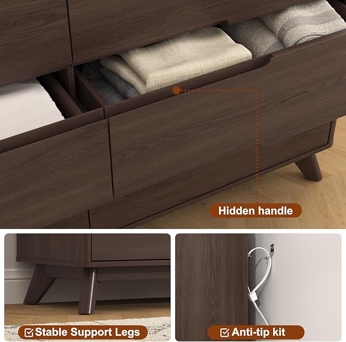 Dresser for Bedroom with 8 Drawers, 55" Large Dresser & Chest of Drawers with Charging Station, Wood Closet Clothes Storage Tall Dressers Organizer for Bedroom Living Room Hallway, Brown
