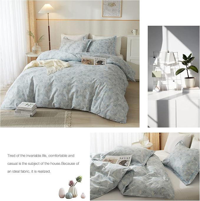 HighBuy Boho Floral Duvet Cover Full Cotton Aesthetic Blue Floral Full Comforter Cover Set Lightweight Soft Garden Style Bedding Set Full Duvet Cover Set Zipper Closure Breathable Full