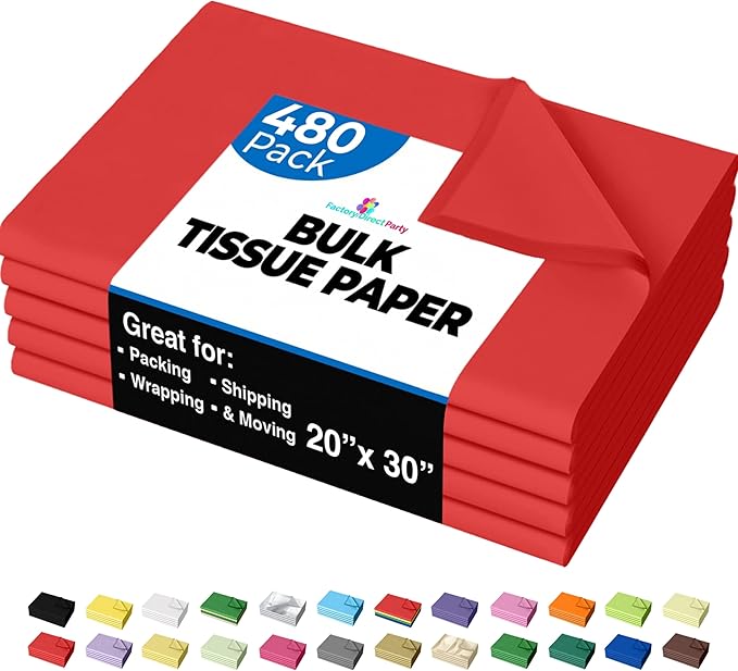 Party Solids Red Tissue Paper for Gift Bags - 20" X 30" Bulk Tissue Paper Red 480 Sheets - 10lb Newsprint for Packing, Birthday Gift Box Filler, Packing Supplies for Moving Supplies