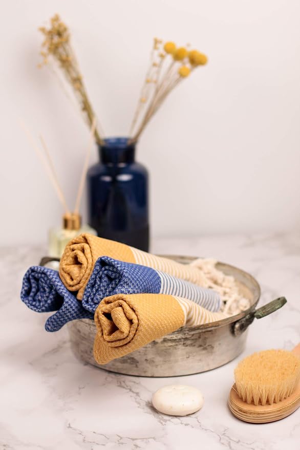 Boho Striped Turkish Hand Towels Set of 2 | 100% Cotton, 16 x 40 Inches | Decorative Bathroom Hair Face Gym Yoga Dishcloth Tea Kitchen Light Weight Quick Dry Farmhouse Towel (Mustard)