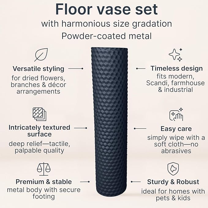 Leewadee Black Tall Floor Vase, Set of 2 Decorative 24/19″ Large Black Vases from Metal for Home Decor Living Room, Style with Pampas Grass for Modern, Vintage, Rustic or Farmhouse Room Decor