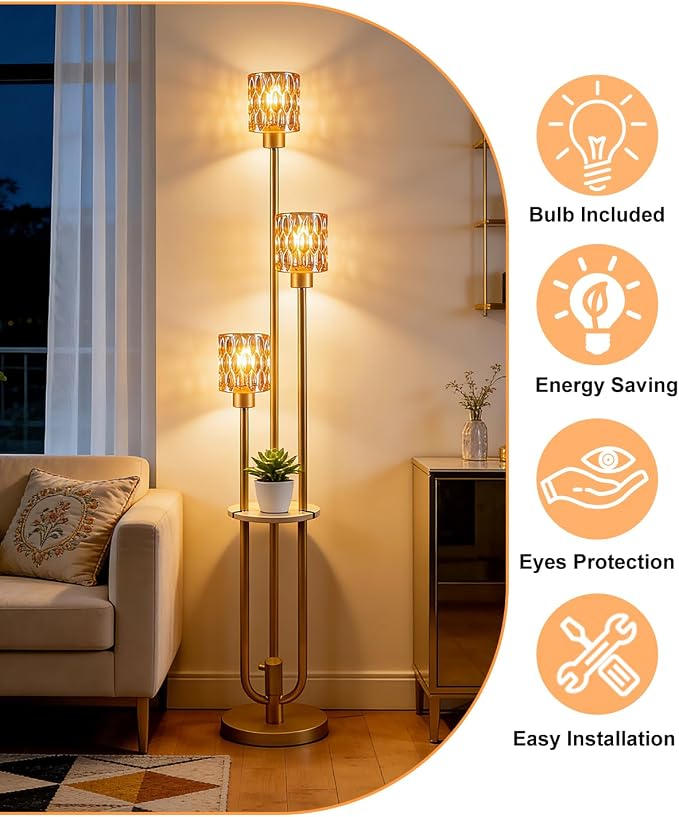 62IN Gold Floor Lamp with Amber Glass Shade 3-Lights Mid-Century Modern Farmhouse Floor Lamps with 3000K Warm White Bulbs, Tall Standing Lamp 5Lbs Heavy Base for Living Room/Bedroom/Corner