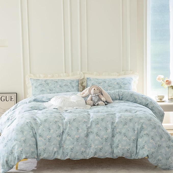 Queen Floral Comforter Set 3 Pieces Soft Bedding Comforter Set Garden Style Blue Floral Botanical Flower Comforter Set for All Seasons 1 Comforter and 2 Pillowcases