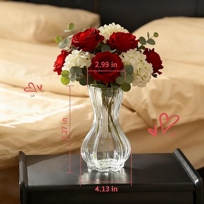 Vases for Flowers,Set of 2 Glass Vase,Clear Vase,8 inches Tall Ribbed Vases for Modern Boho Home Decor,Living Room,Wedding,Table Centerpieces