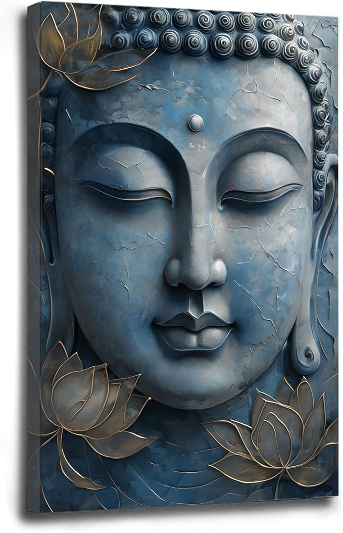 Canvas wall art Golden lotus crown Serene Buddha poster Ethereal blue toned art with delicate floral decor Zen wall art for a tranquil meditation space 24x36in Wood Framed