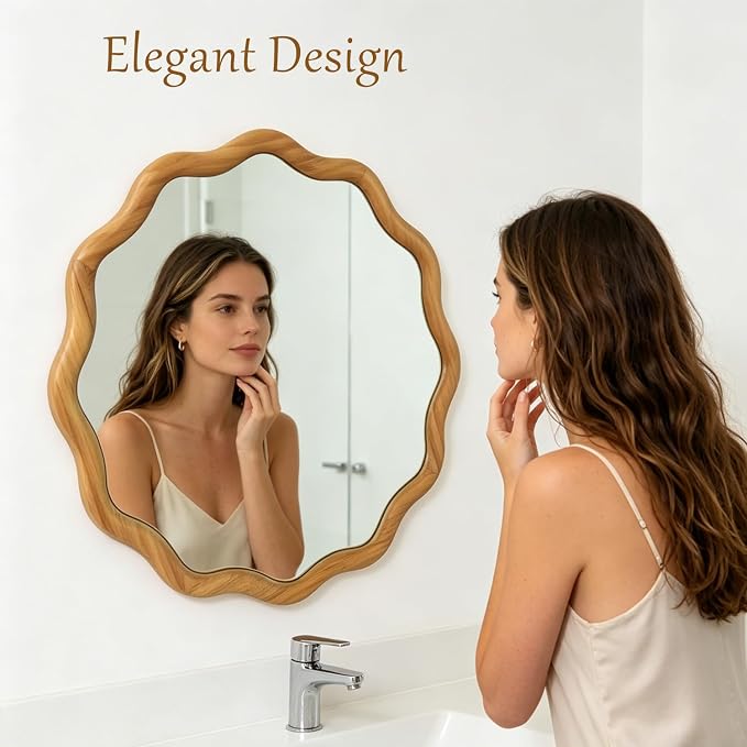 24" Wavy Edge Round Mirror, Solid Wood Framed Wall Decor with Clear Reflection for Bathroom, Bedroom, Living Room & Entryway (Oak)