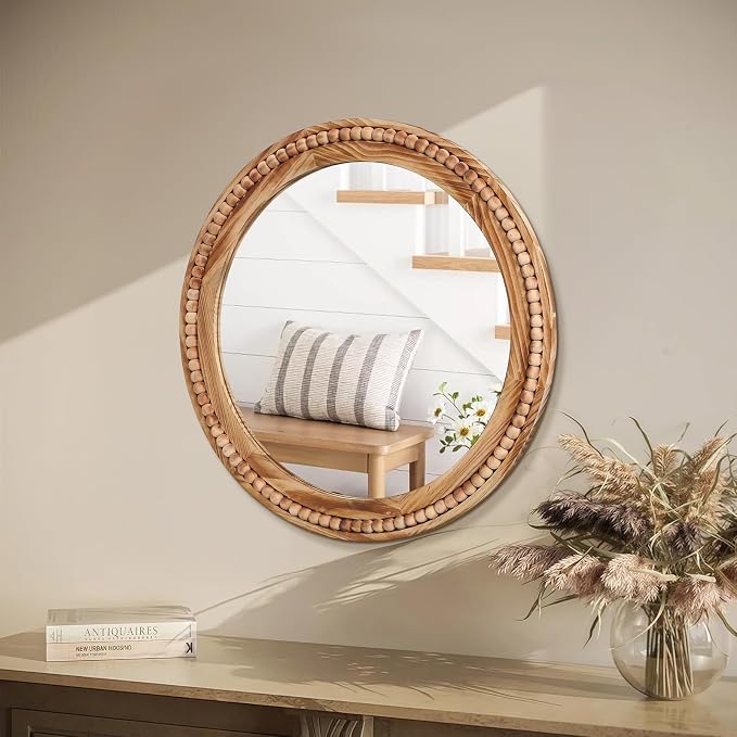 ULIKE Round Wood Mirror with Natural Wooden Bead Frame, 30 Inch Rustic Farmhouse Wall Mirror for Bathroom Nursery Bedroom Living Room Brown, Brown