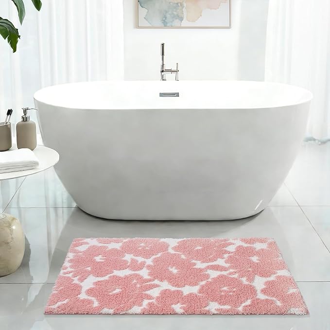 Civkor Pink and White Bathroom Rug, Tufted Flower Bath Mat for Bathroom with Non Slip TPR Backing, Quick Dry Microfiber Surface, Soft and Super Water Absorbent Bath Rug, 31x20Inch