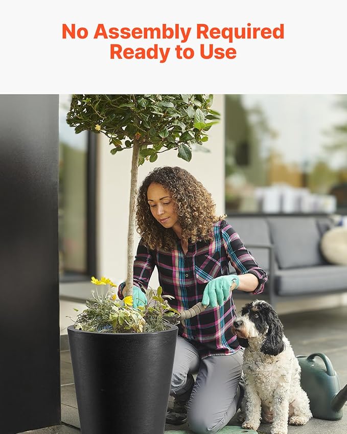VEVOR Set of 2 Tall Planter for Outdoor Indoor Plants 24inch, Black Round Large Planters for Front Porch, Patio, Tall Taper Flower Tree Plant Pots with Modern Design and Built-in Drainage
