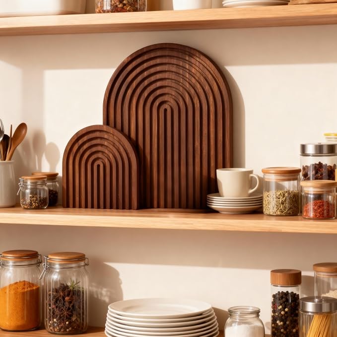 2 Pcs Dark Brown Wood Arch Decor, Boho Shelf & Serving Board for Fireplace Mantel, Kitchen Counter - Vintage Espresso Finish, Mid Century Modern Farmhouse Accents for Living Room, Home Office
