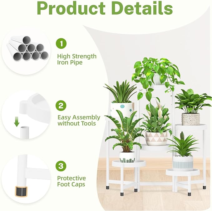 iDavosic.ly 6 Tier Folding Plant Stand Indoor Outdoor with Plastic Tray, Tiered Corner Flower Holder Shelf, Metal Orchid Display Rack for Patio Porch Living Room Garden Balcony, White