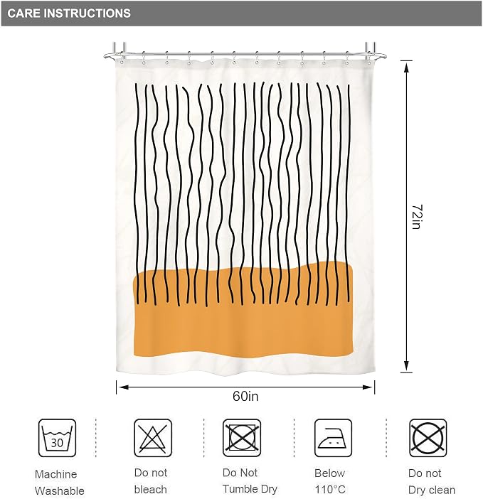 Riyidecor Abstract Mid Century Shower Curtain Modern Minimalist Vertical Stripe and Orange Block 60Wx72H Inch Black Line Colorful Art Painting Fabric Decor Bathroom Polyester Waterproof 12 Pack Hooks