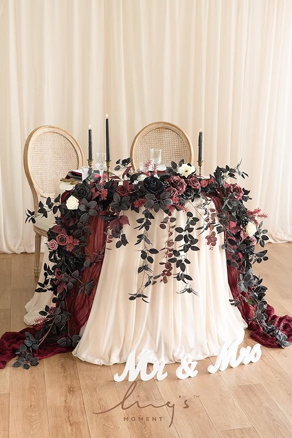Ling's moment 9FT Eucalyptus & Willow Leaf Garland with White Flower, Handcrafted Wedding Sweetheart Table Centerpieces Head Table Decor Arch Backdrop Decorations for Wedding | Black & Burgundy