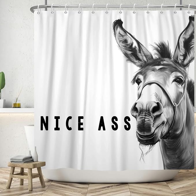 Funny Donkey Shower Curtains Joke Hilarious Animal Bathroom Curtain Rustic Farmhouse Cute Donkey White Shower Curtain Sets for Bathroom Extra Long 72x108 in with 12 Hooks