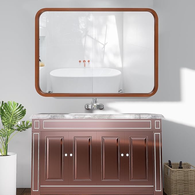 WallBeyond 30x40 Inch Wood Mirror for Bathroom, Wooden Frame Wall Mirror Farmhouse Wall Mounted Rectangle Mirror for Vanity (Horizontal/Vertical Walnut Color)