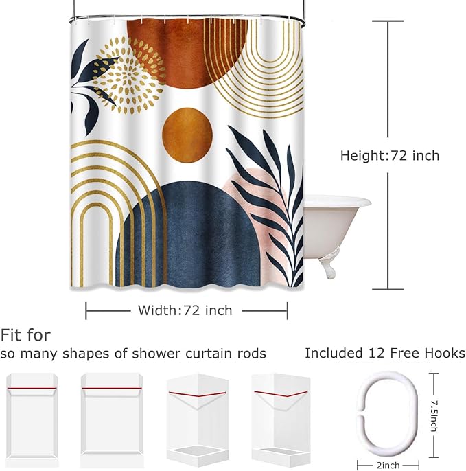 Emvency Shower Curtain Mid Century Sun Boho Geometric Leaf Aesthetic Arch Curve Bathroom Home Decor Waterproof Polyester Fabric 72 x 72 inches Set with Hooks
