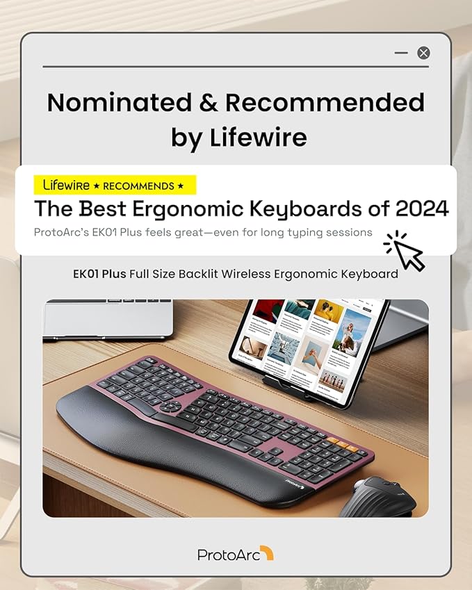ProtoArc Backlit Bluetooth Ergonomic Keyboard, EK01 Plus Full Size Wireless Split Keyboard with Dual Bluetooth and USB, Cushioned Wrist Rest, Rechargeable, Compatible with Windows/Mac, Wine Red