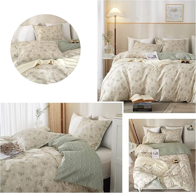LifeTB Boho Floral Duvet Cover Twin Kids Girl Garden Style Bedding Sets 100% Cotton White Beige Sage Green Floral Branches Pattern Comforter Cover Lightweight Soft Chic Floral Bedding Collection