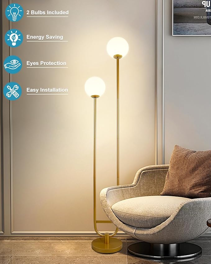 63IN Dimmable Floor Lamp with Shelf, Unique Globe Gold Tall Standing Lamps with 2 Bulbs, 3000K Warmwhite Mid Century Modern Floor Lamp with 5Lbs Heavy Base for Living Room/Bedroom