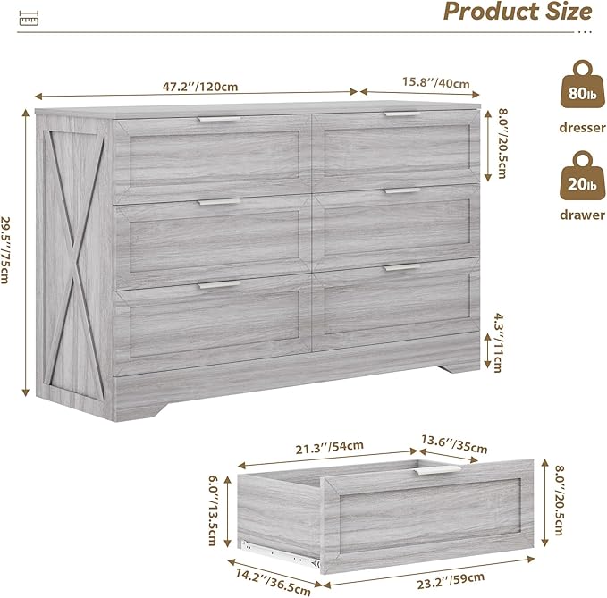Modern 6-Drawer Dresser for Bedroom, Dresser Chest of Drawer with Large Drawers & Silver Handles, Wooden Dressers Drawers Storage Unit for Bedroom, Living Room, Closet (Wash Grey)
