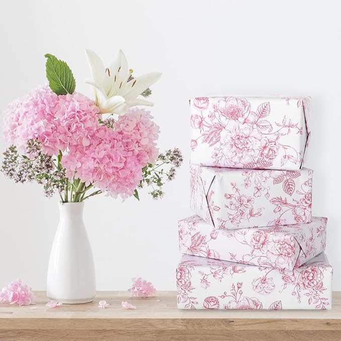 JarThenaAMCS Floral Wrapping Paper Mini Roll 17in x 32.8Ft Pink White Flowers Gift Wrap Paper for Birthday Wedding Baby Shower Party Wrapping Supplies
