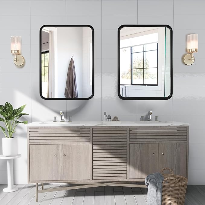 WallBeyond 18x24 Inch Wood Mirror for Bathroom, Wooden Frame Wall Mirror Farmhouse Wall Mounted Rectangle Mirror for Vanity (Horizontal/Vertical Black Color)