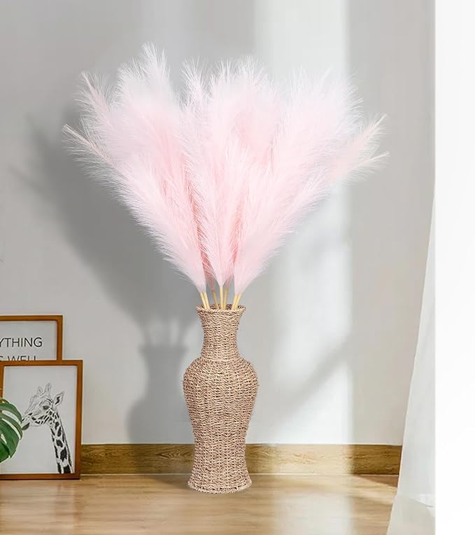 9 Pcs 45" Tall Pampas Grass Pink Decor, Long Stem Artificial Flower Floor Vase Large Faux Floral Pompas Fake Plants Dried Bouquet Arrangement Vase Filler for Boho Home Wedding Decoration