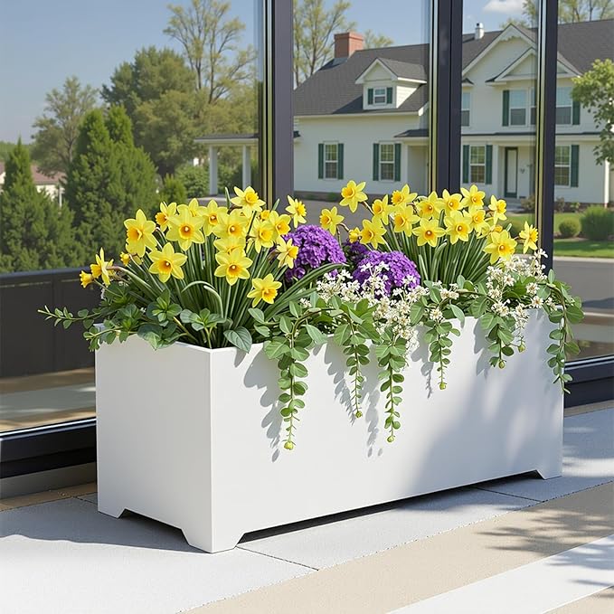 Metal Large Rectangular Planter 32" L x 15" W x 15" H,- Long Planter Box with 6 Drainage Holes & Raised Bottom, White Planter Boxes Outdoor Modern Design for Patio, Garden, Porch