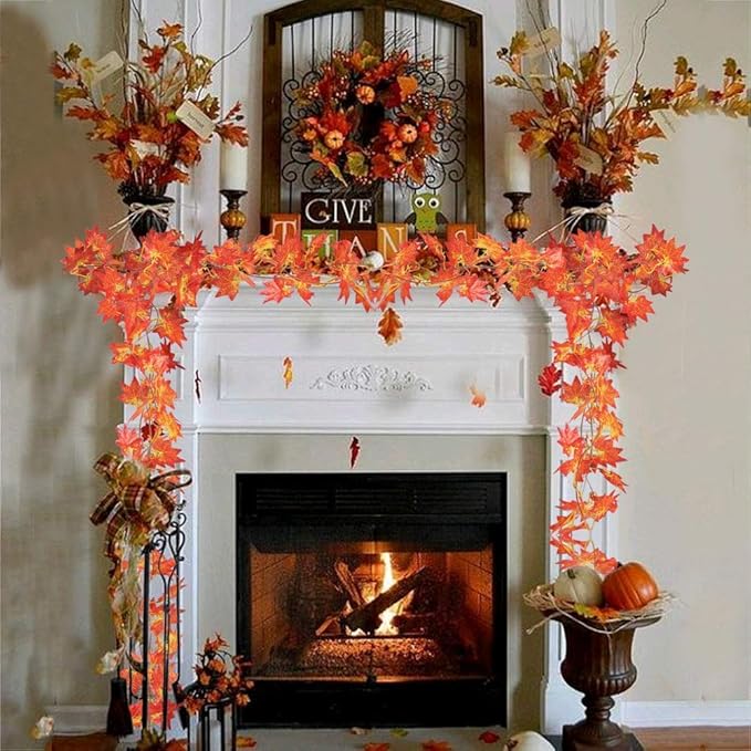 Fall Garland Maple Leaf, Hanging Vine Garlands Artificial Autumn Foliage Garland Thanksgiving Decor for Home Wedding Fireplace Party Christmas (Maple/12 Strands)