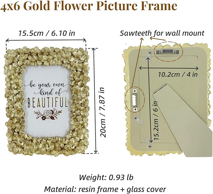 4x6 Ornate Gold Picture Frame Embossed Flowers Retro Resin Photo Frames 4 x 6 Floral Home Decor for Tabletop and Wall with Glass Front(Gold)