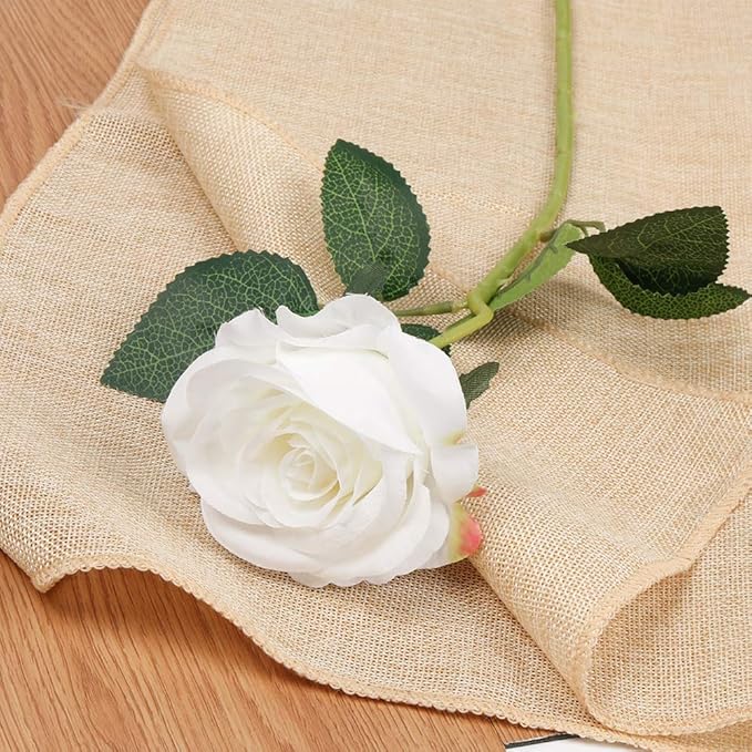 Mocoosy 12 PCS White Rose Artificial Flowers, Fake Roses with Long Stem Realistic Silk Rose Bouquets Wedding Centerpiece Decorations Faux Floral Arrangement Bridal Shower Party Home Office Table Decor