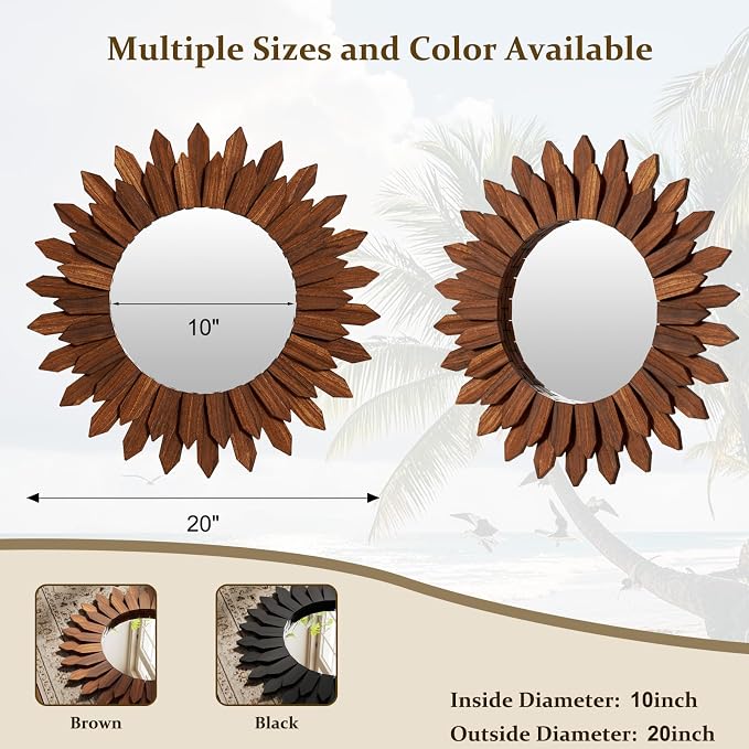 Boho Wood Sunburst Round Wall Mirror, 20 Inch Rustic Circle Wooden Frame Decorative Mirror for Farmhouse Coastal Home, Home Wall Decor for Living Room Entryway Bedroom, Walnut