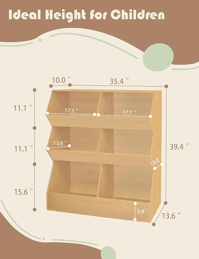DINZI LVJ Toy Storage Organizer, Kids Bookshelf, Wooden Toy Storage Cabinet, 6 Cubby Children Bookcase, 35.4" L Toddler Book Shelf for Playroom, Living Room, Nursery, Hallway, School, Natural