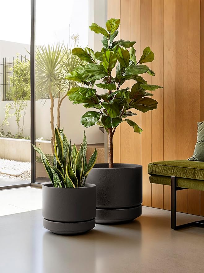 LE TAUCI 12 Inch Pot for Plants with Saucer, Ceramic Indoor Planter Pot with Drainage Hole, Mesh Pad & Plug Included, Unglazed Porous Ceramic, Modern for Home and Office, Charcoal Gray
