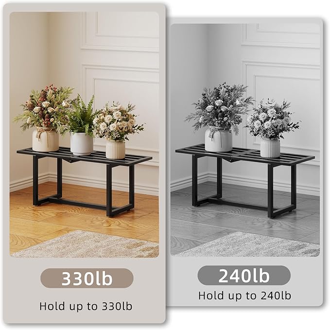 Plant Stand Indoor Outdoor, Foldable Metal Plant Shelf for Multiple Pots, Mid Century Slatted Bench for Patio Garden, Heavy Duty Capacity 330 lbs 2 Pack Black