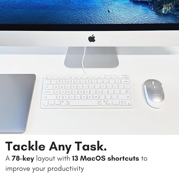 Macally USB Wired Keyboard for Mac and Windows PC - Plug and Play Apple Keyboard with 78 Scissor Switch Keys and 13 Shortcut Keys - Compact & Small That Saves Spaces and Looks Great - White